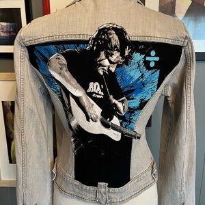 Up-Cycled Gray Graphic Denim Jacket with Ed Sheeran Design Women’s Medium